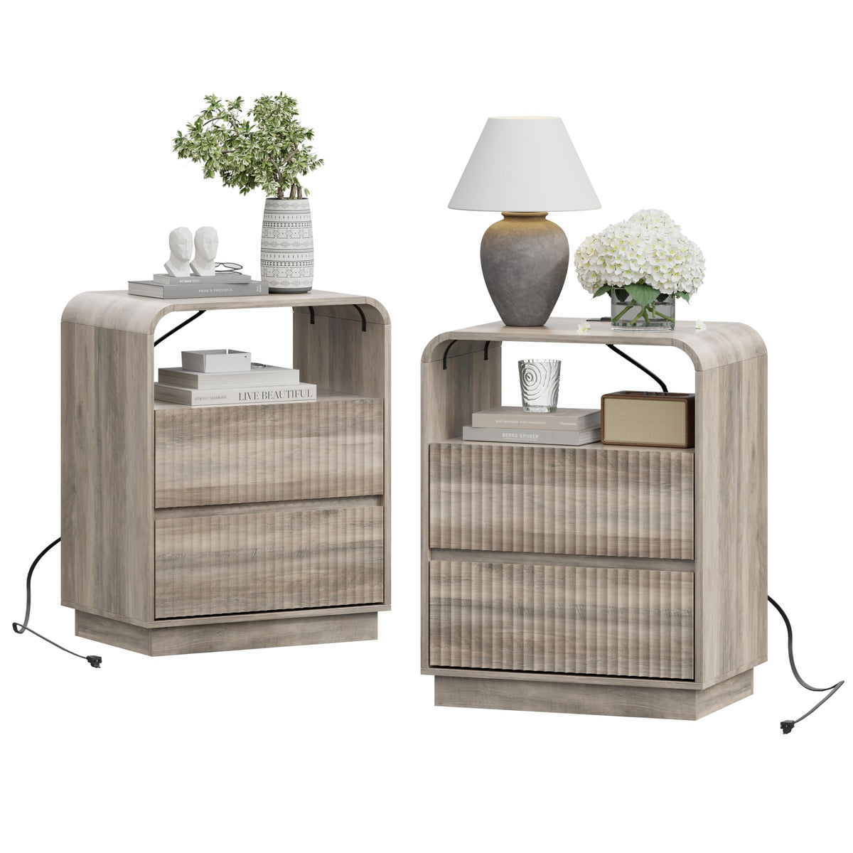 Fluted Nightstands with Charging Station, Set of 2