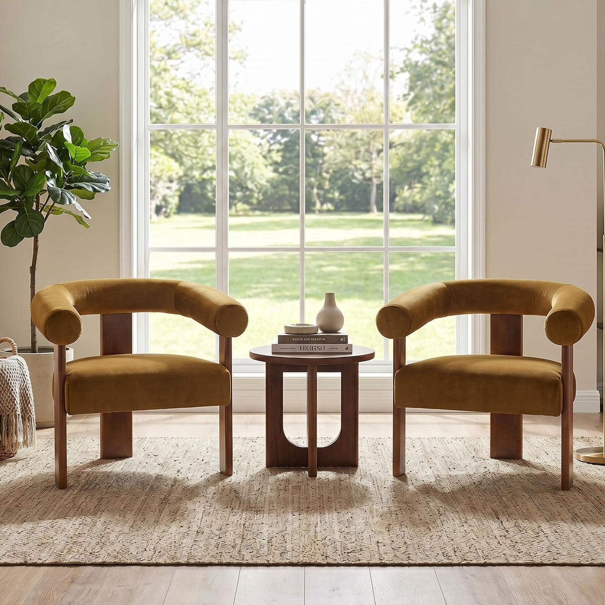 Usaint Upholstered Barrel Accent Chair with Walnut Wood Legs and Armrests
