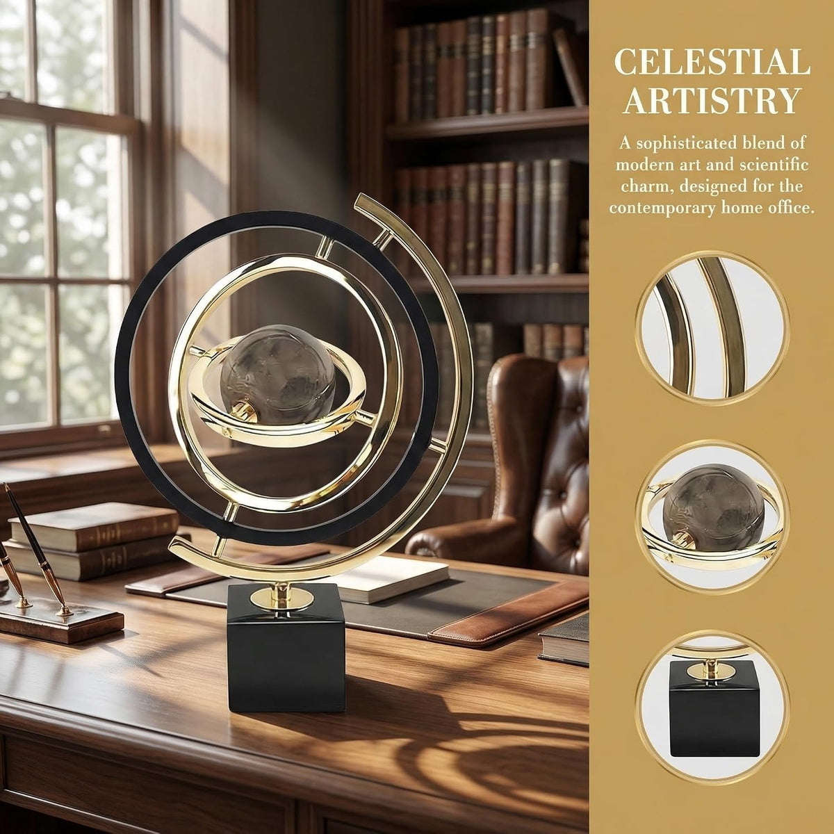 Abstract Metal Globe Sculpture Decor, Modern Black and Gold