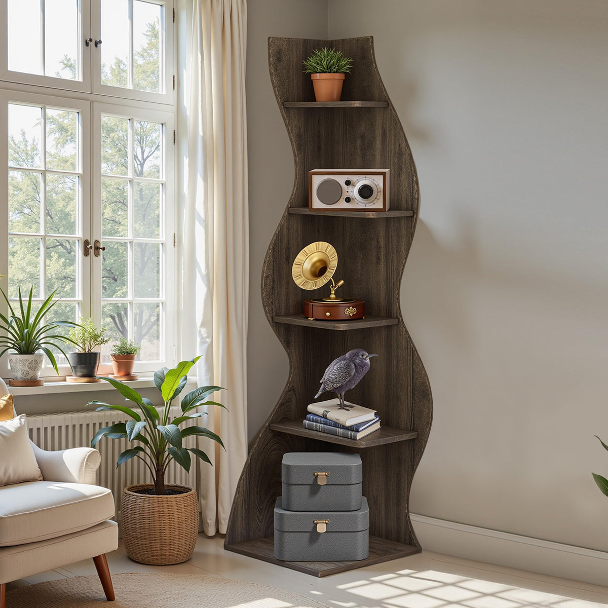 Bookcase Freestanding 71.3" Modern Book Case Display Shelf Tall Bookshelf with S-Shaped Pattern for Bedroom, Home Office, and Living Room, Black