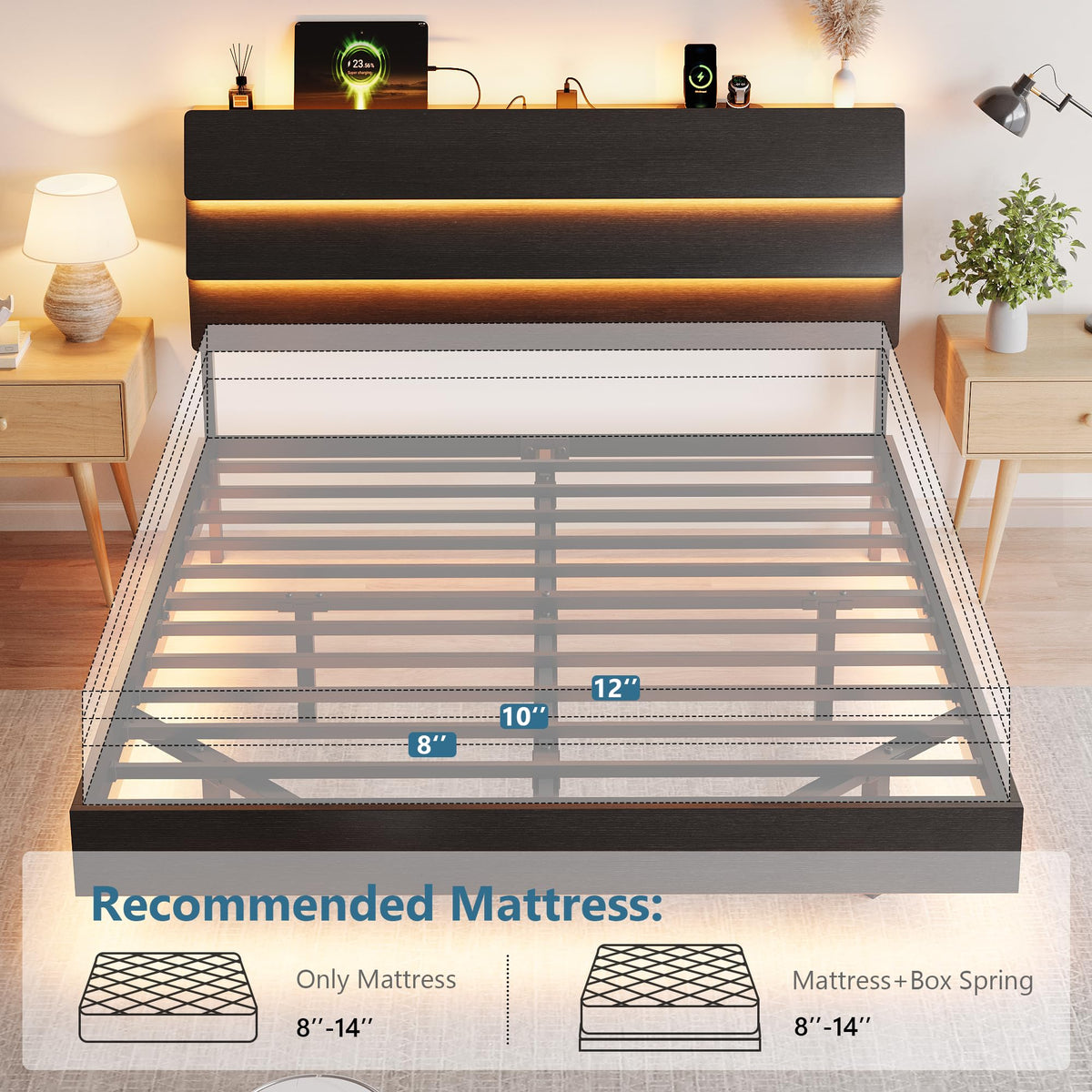 GalnFu King Size Floating Bed Frame with LED Lights