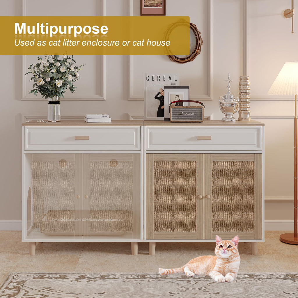 Cat Litter Box Enclosure Furniture Hidden Indoor 2-in-1 Wooden Cat & Washroom Cabinet with Scratching Board Doors and 3 Drawer for 2 Cats, 55"x20"x24"H