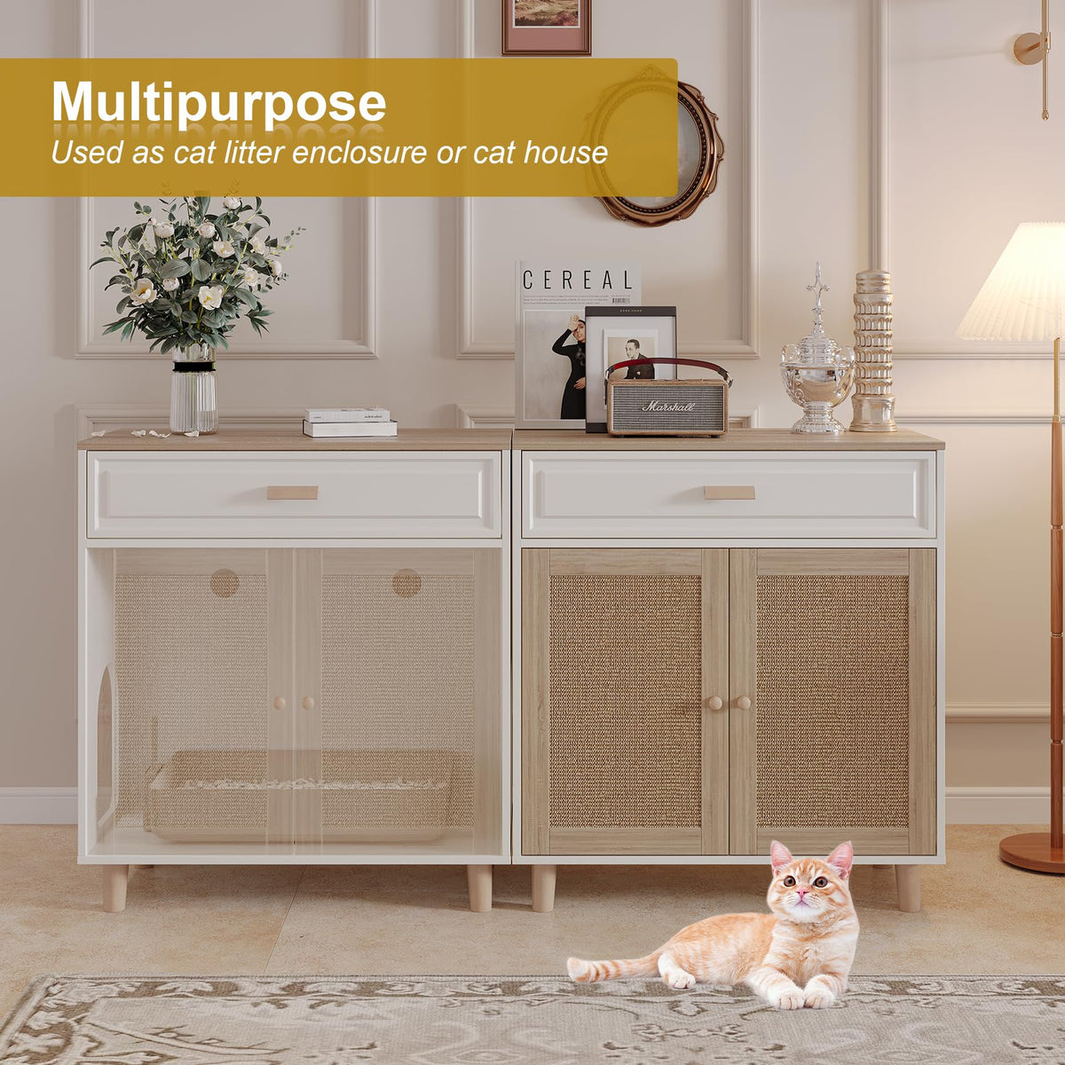 Cat Litter Box Enclosure Furniture Hidden Indoor 2-in-1 Wooden Cat & Washroom Cabinet with Scratching Board Doors and 3 Drawer for 2 Cats, 55"x20"x24"H