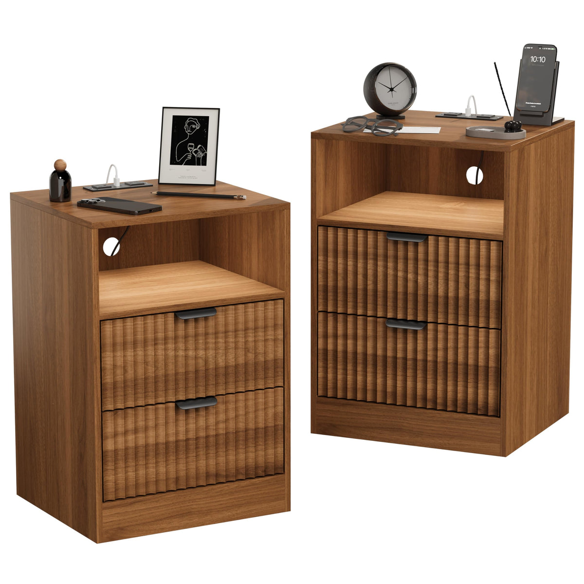 Fluted Nightstands with Charging Station, Set of 2