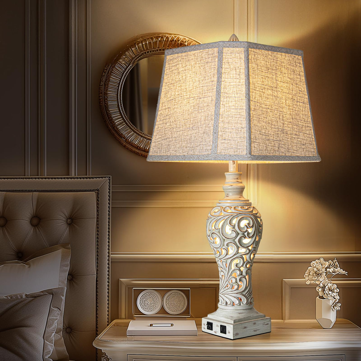 28.5" Farmhouse Table Lamp Set with Nightlights