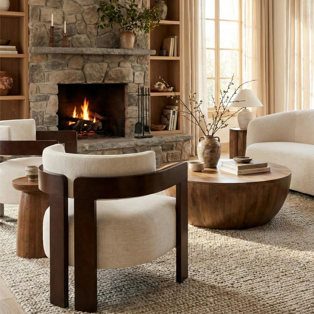 Beige Linen Accent Chairs Set of 2, Upholstered Barrel Living room Chairs