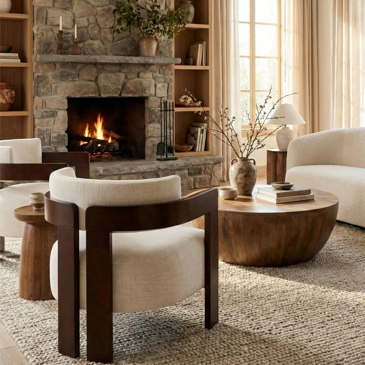 Beige Linen Accent Chairs Set of 2, Upholstered Barrel Living room Chairs