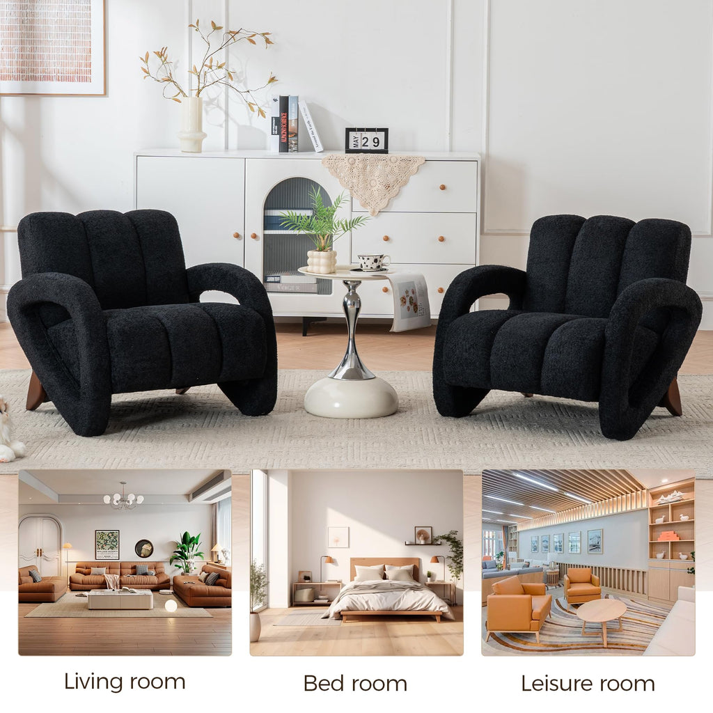 Mid Century Modern Accent Chair Set of 2 with Solid Wood Frame, Upholstered Living Room Chairs with Thick Cushion, Boucle Tufted Armchair for Bedroom, Reading Room, Ivory