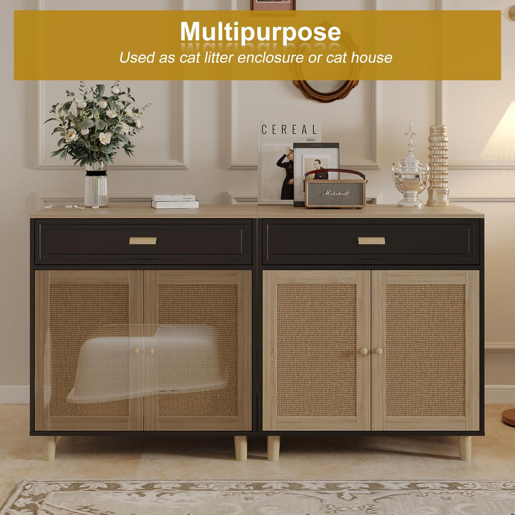Cat Litter Box Enclosure Furniture Hidden Indoor 2-in-1 Wooden Cat & Washroom Cabinet with Scratching Board Doors and 3 Drawer for 2 Cats, 55"x20"x24"H