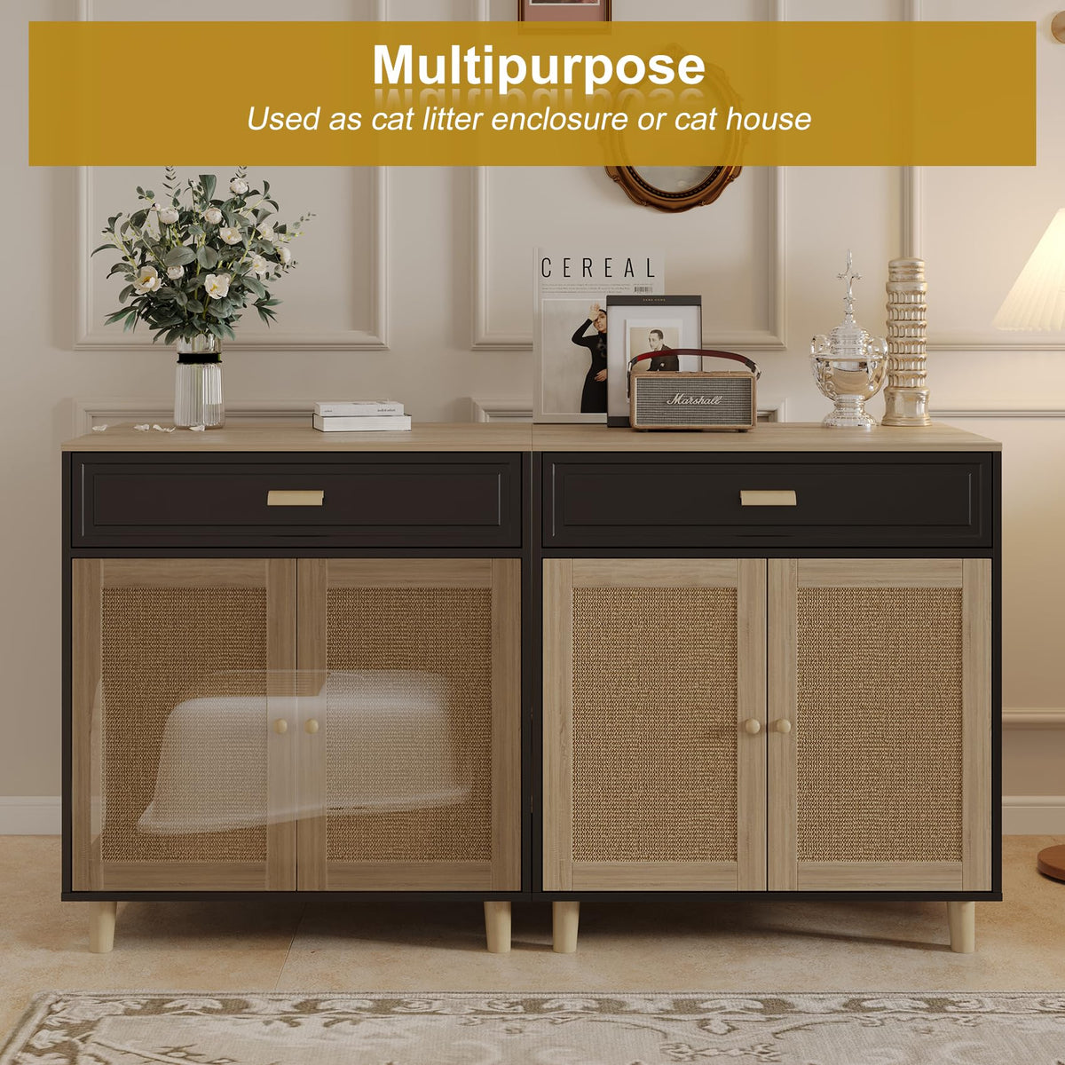 Cat Litter Box Enclosure Furniture Hidden Indoor 2-in-1 Wooden Cat & Washroom Cabinet with Scratching Board Doors and 3 Drawer for 2 Cats, 55"x20"x24"H