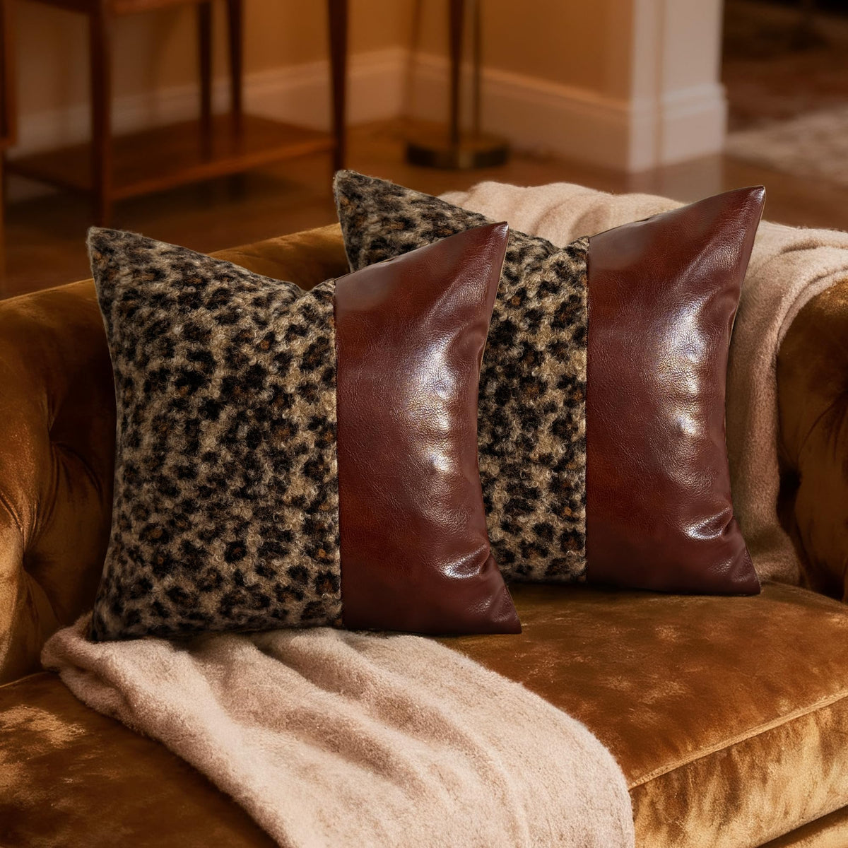 Brown Patchwork Leopard Bouclé Pillow Covers
