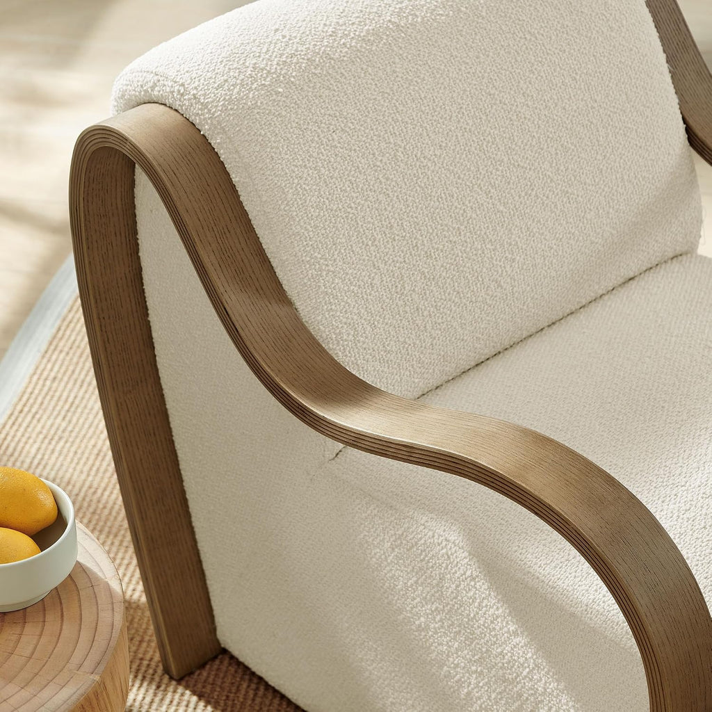 Modway Atrium Boucle Upholstered Lounge Chair in Cream with Sculptural Bentwood