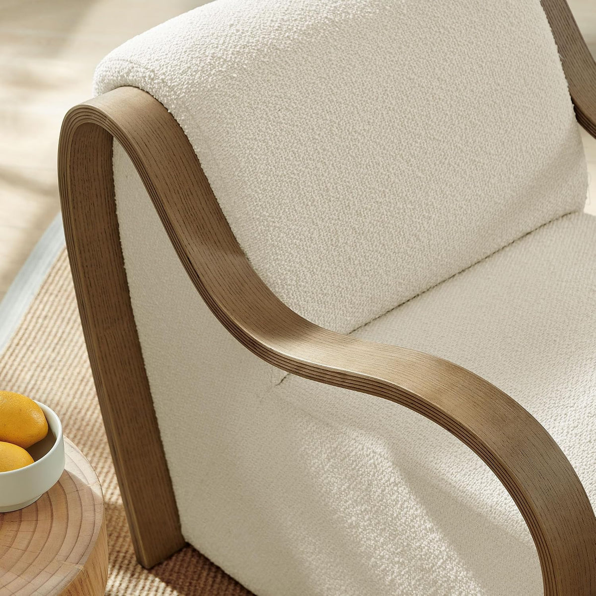 Modway Atrium Boucle Upholstered Lounge Chair in Cream with Sculptural Bentwood