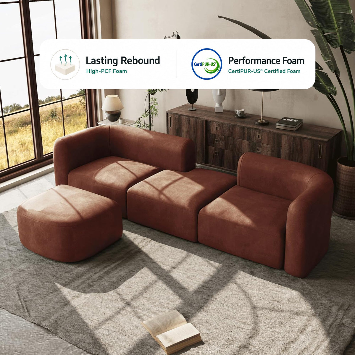Acanva Mellow Modern Tight Curved Back Velvet Sofa, 4 Seater Modular