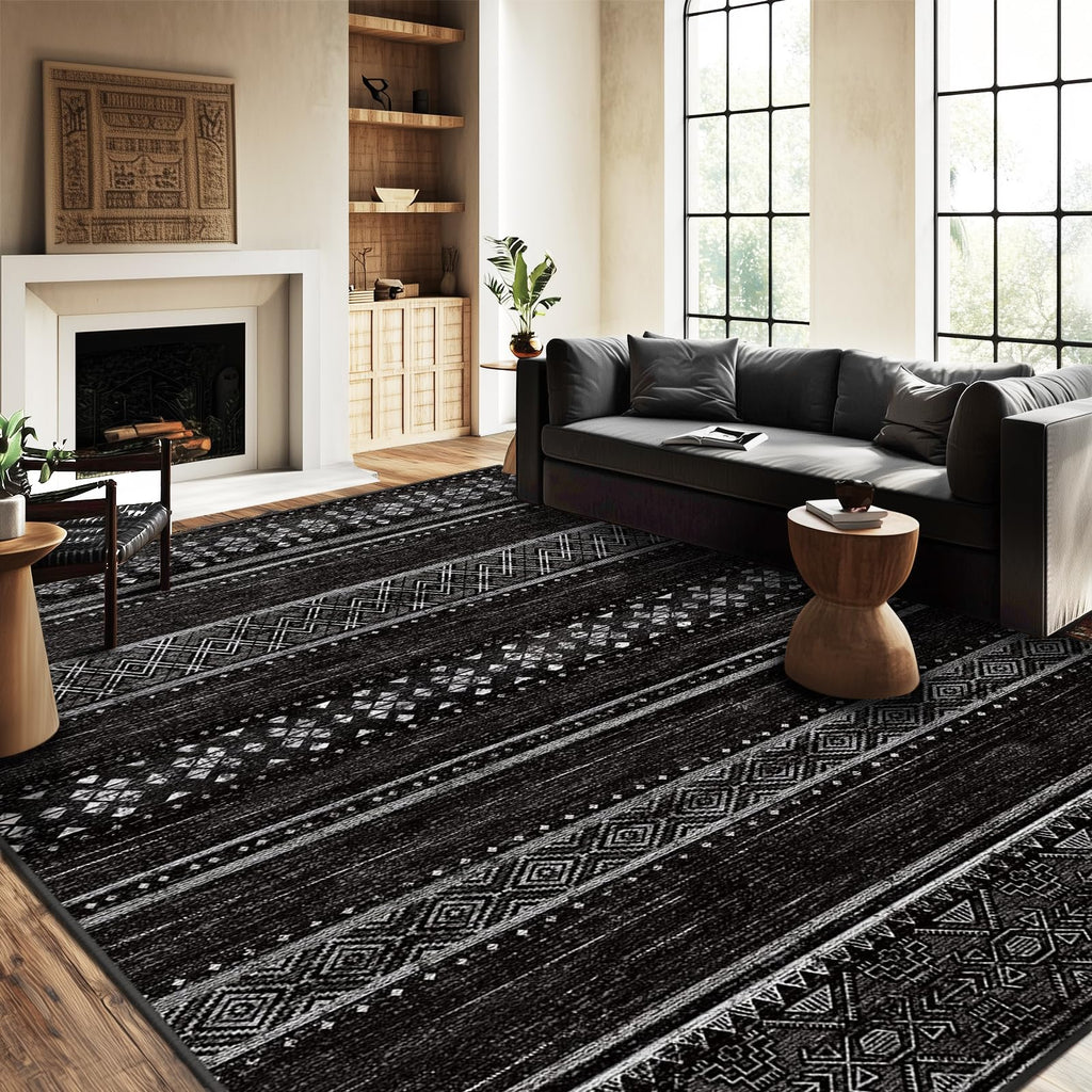 8x10 Washable Area Rugs for Living Room Boho Bedroom Rug Colorful/Black