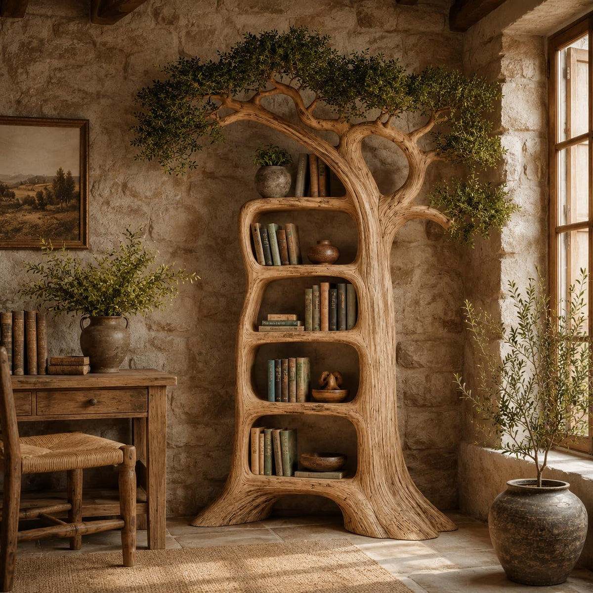 Rustic Tree Bookshelf, Solid Wood 70" H x 60" W Nature Inspired Bookcase with Open Shelves for Living Room Wall Decor (Option 4)