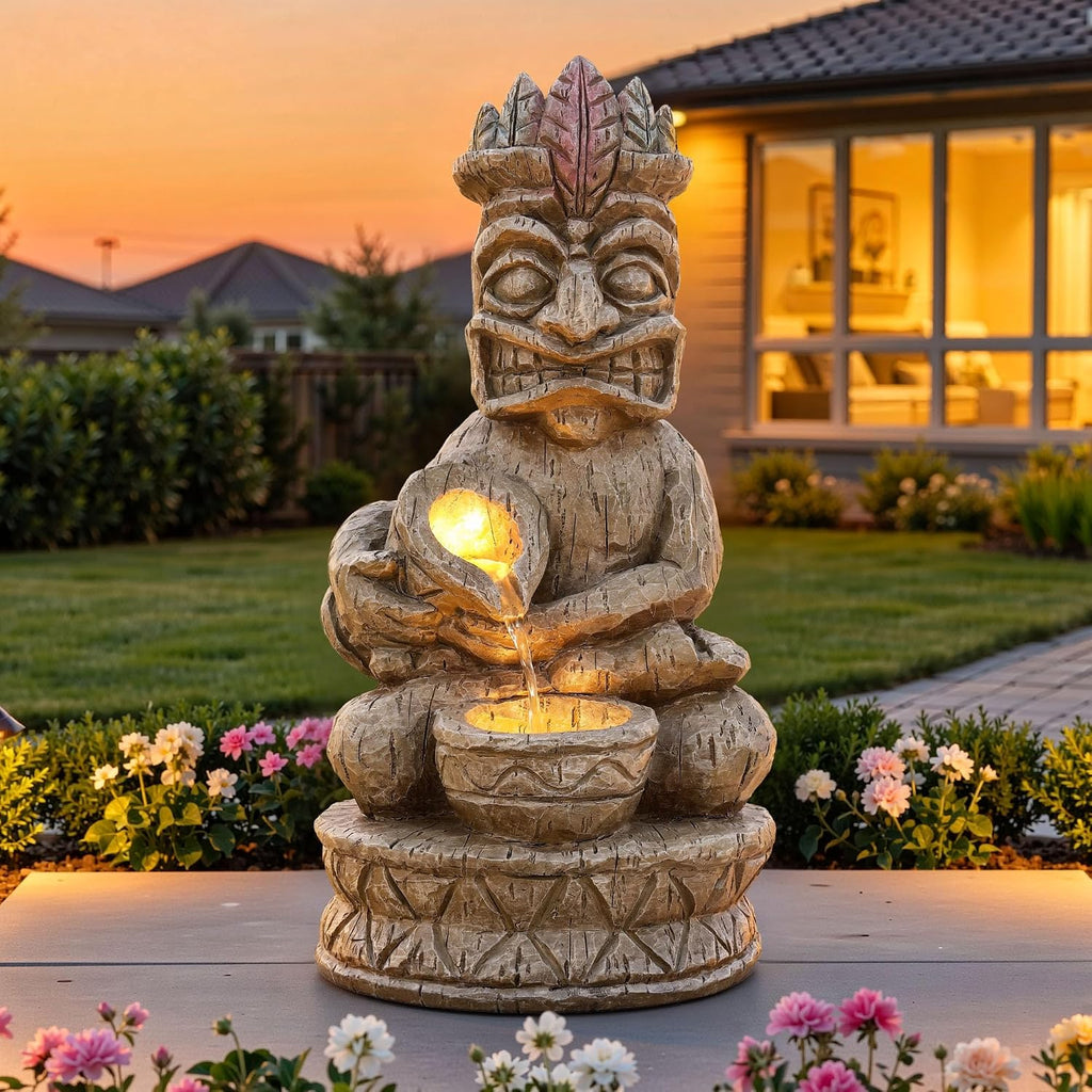 23" H Tiki Statue Outdoor Water Fountain with LED Lights