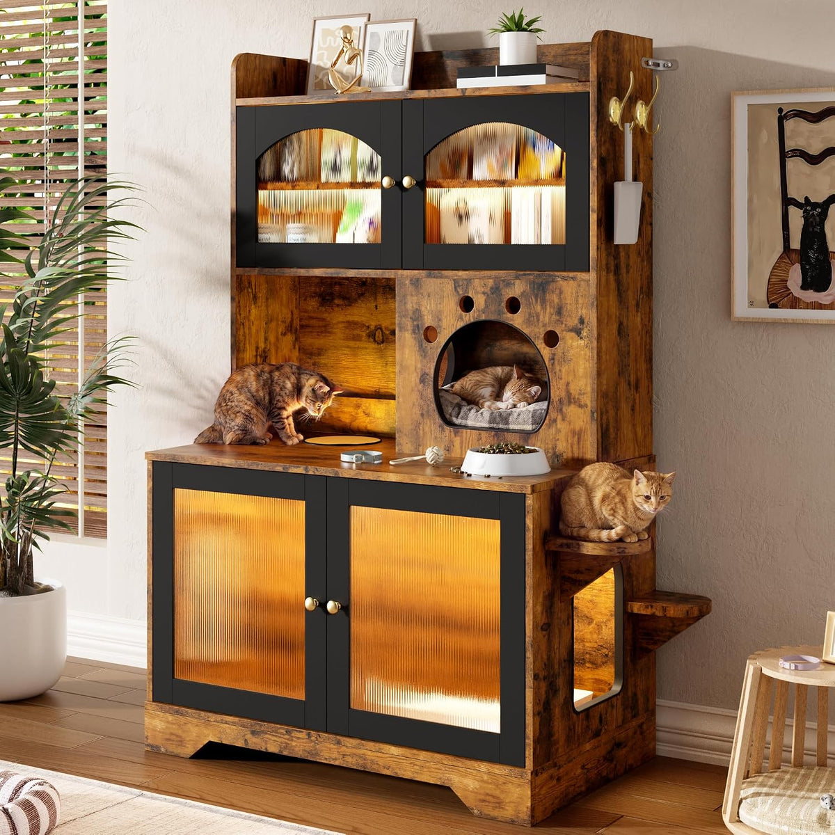 39.4 Inch 3-Tier Hidden Litter Box Furniture, Black/Brown