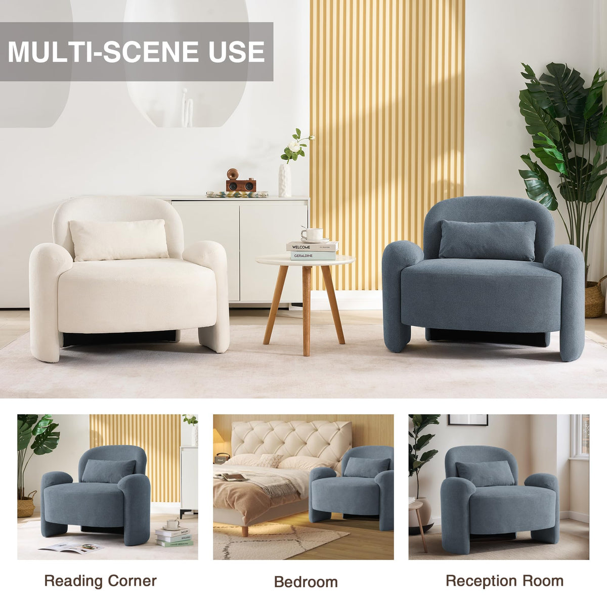 LOULENS Accent Chair Set of 2, Linen Fabric Lounge Armchair, Yellow