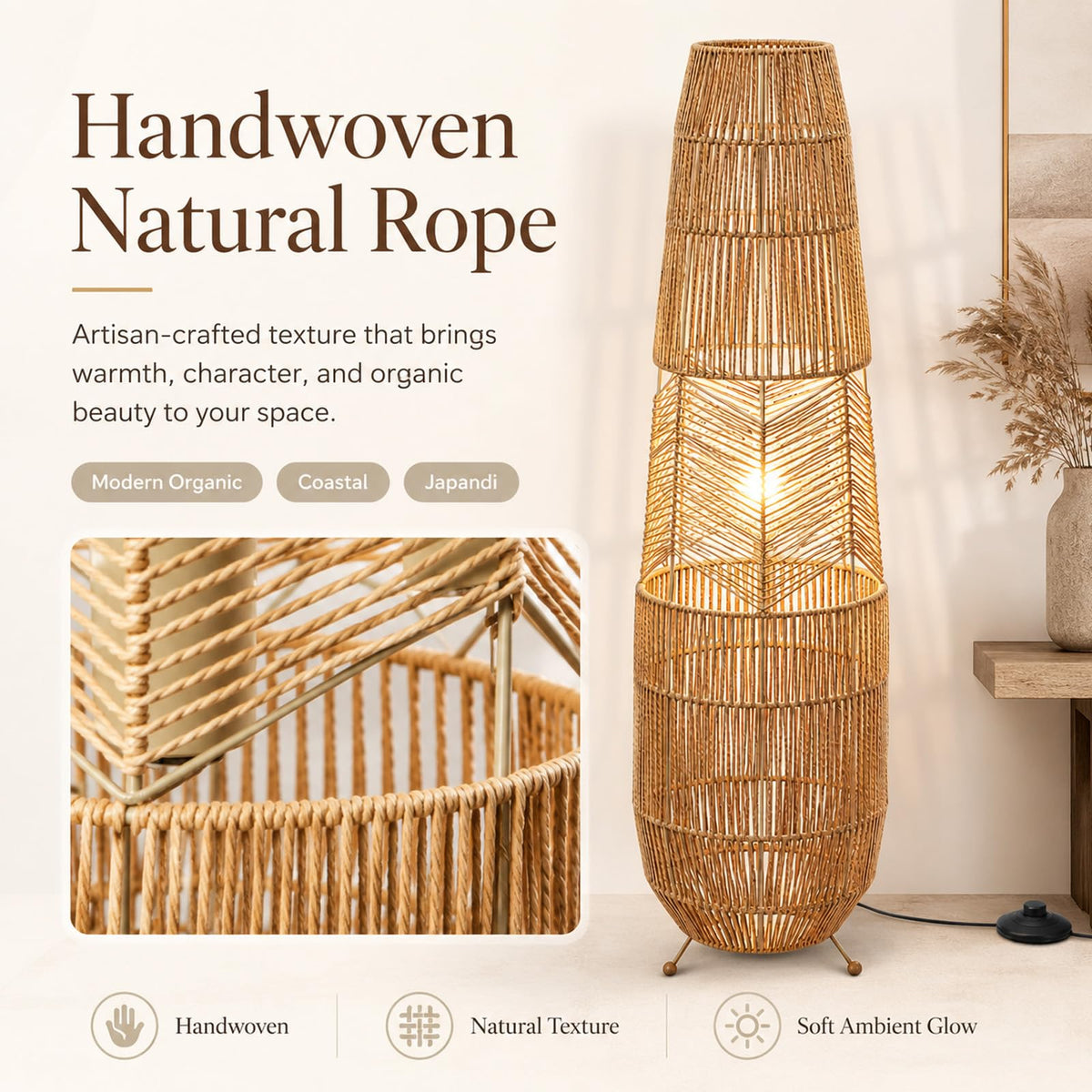Boho Style Bamboo Woven Floor Lamp for Living Room, 36 in, Cozy Decor