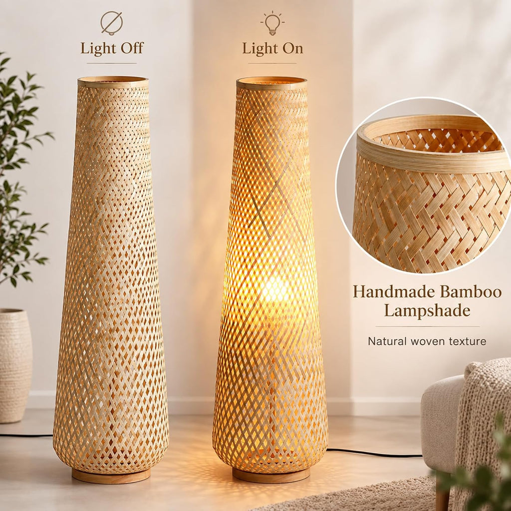 Boho Style Bamboo Woven Floor Lamp for Living Room, 36 in, Cozy Decor