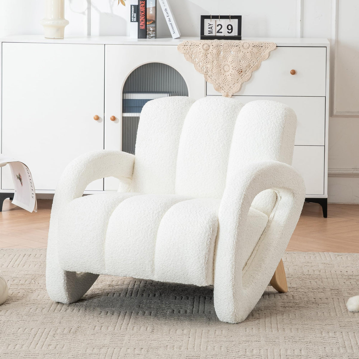 Mid Century Modern Accent Chair Set of 2 with Solid Wood Frame, Upholstered Living Room Chairs with Thick Cushion, Boucle Tufted Armchair for Bedroom, Reading Room, Ivory