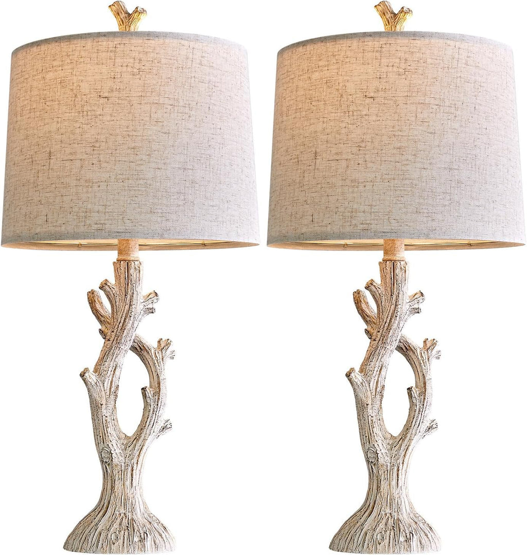 Rustic Tree-Trunk Table Lamp with Oatmeal Shade