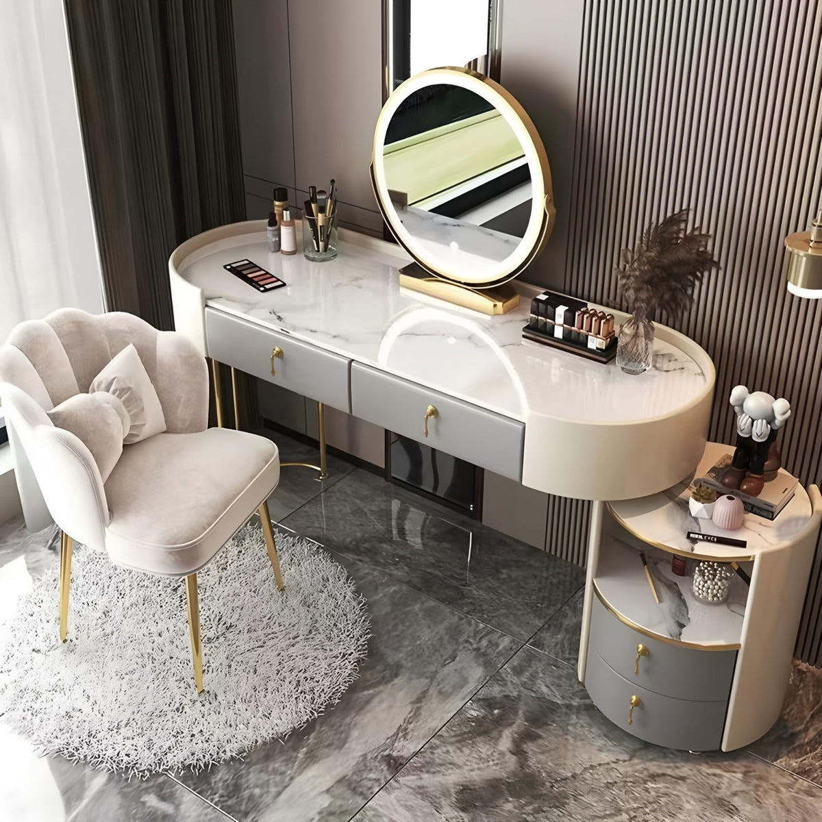Solid Wood Vanity Desk Set with Smart Mirror & LED Light
