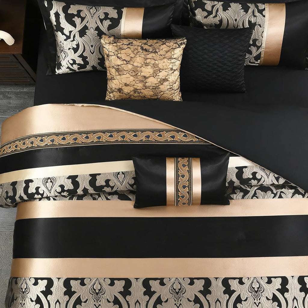 CozyDH Black Gold Jacquard Comforter Set California King, 7PCS Bed in a Bag