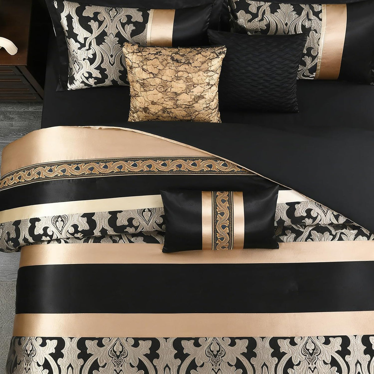 CozyDH Black Gold Jacquard Comforter Set California King, 7PCS Bed in a Bag