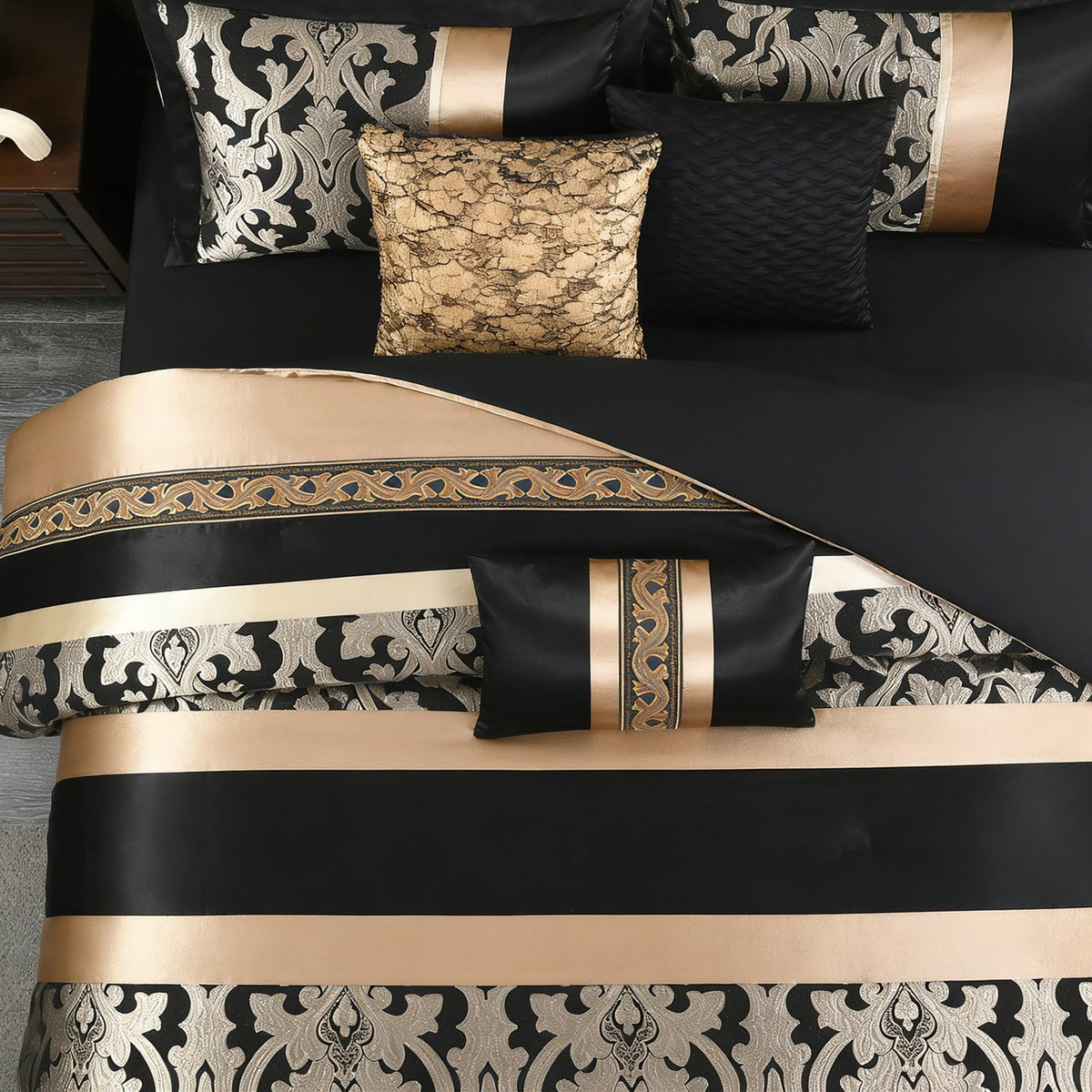 CozyDH Black Gold Jacquard Comforter Set California King, 7PCS Bed in a Bag