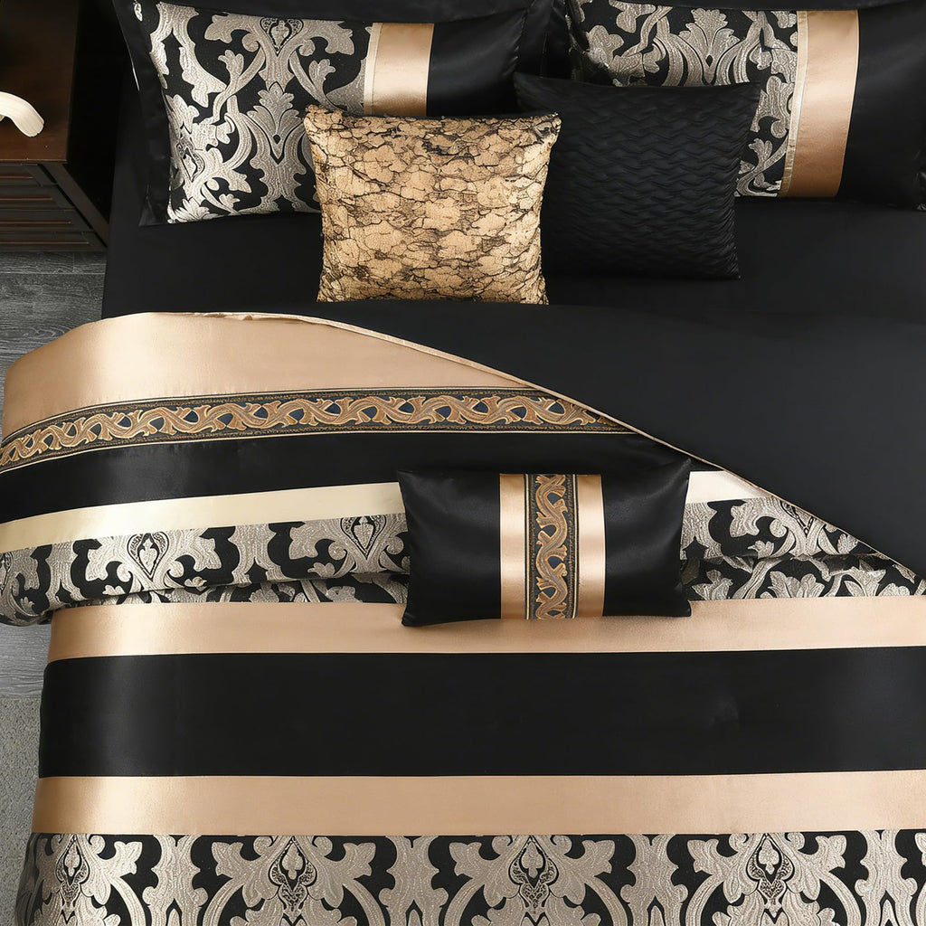 CozyDH Black Gold Jacquard Comforter Set California King, 7PCS Bed in a Bag