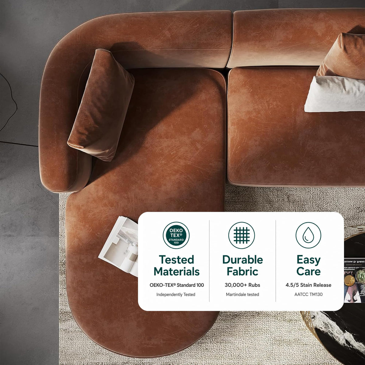 Acanva Mellow Modern Tight Curved Back Velvet Sofa, 4 Seater Modular