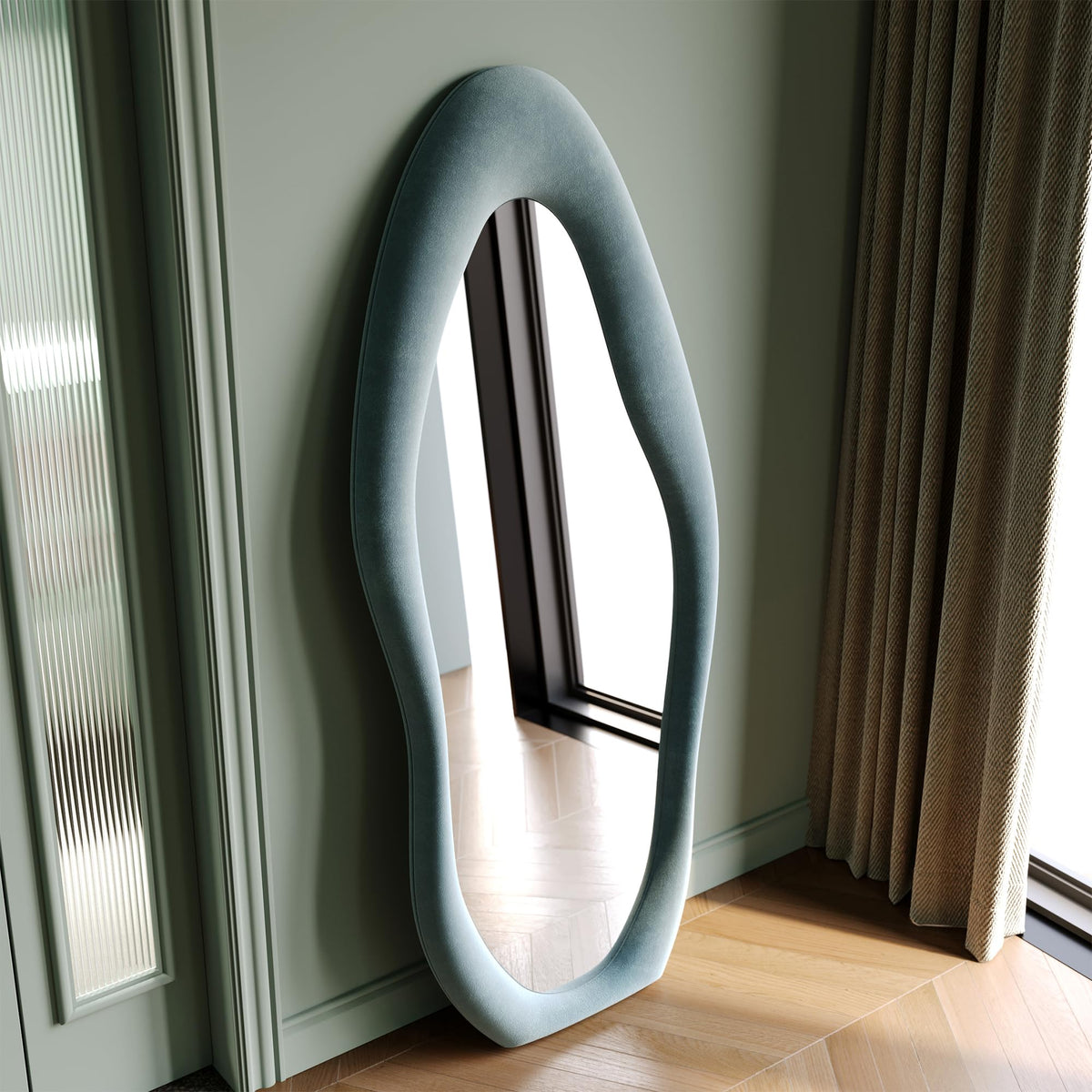 Wavy Full-Length Mirror with Flannel-Wrapped Wood Frame