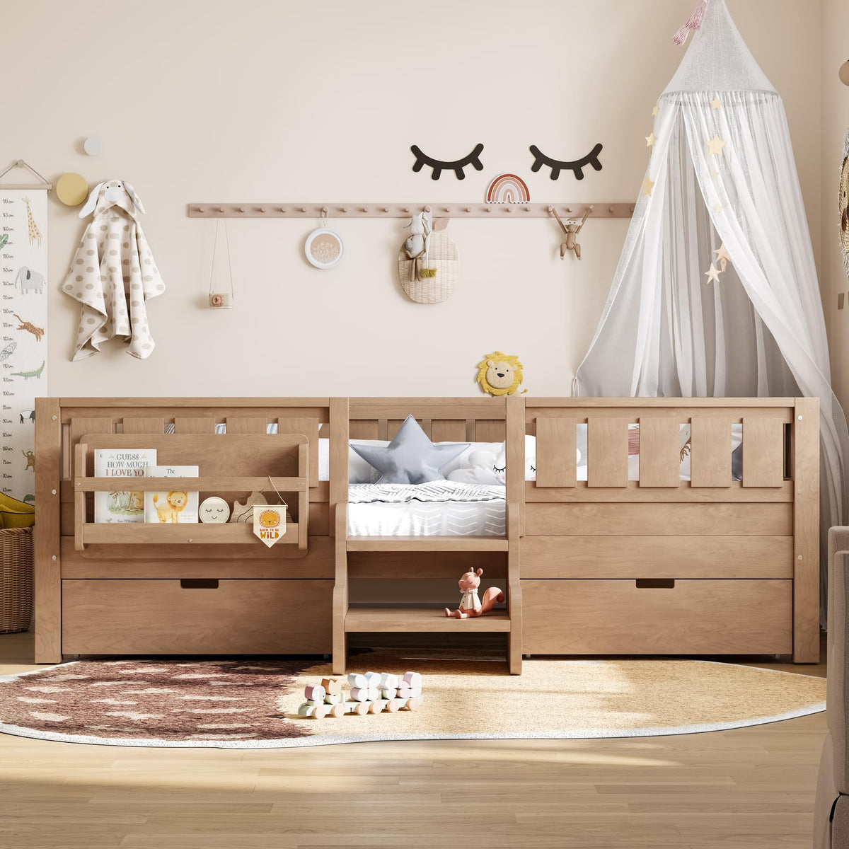 Montessori Bed with Stairs, Bookshelf & Storage Drawers