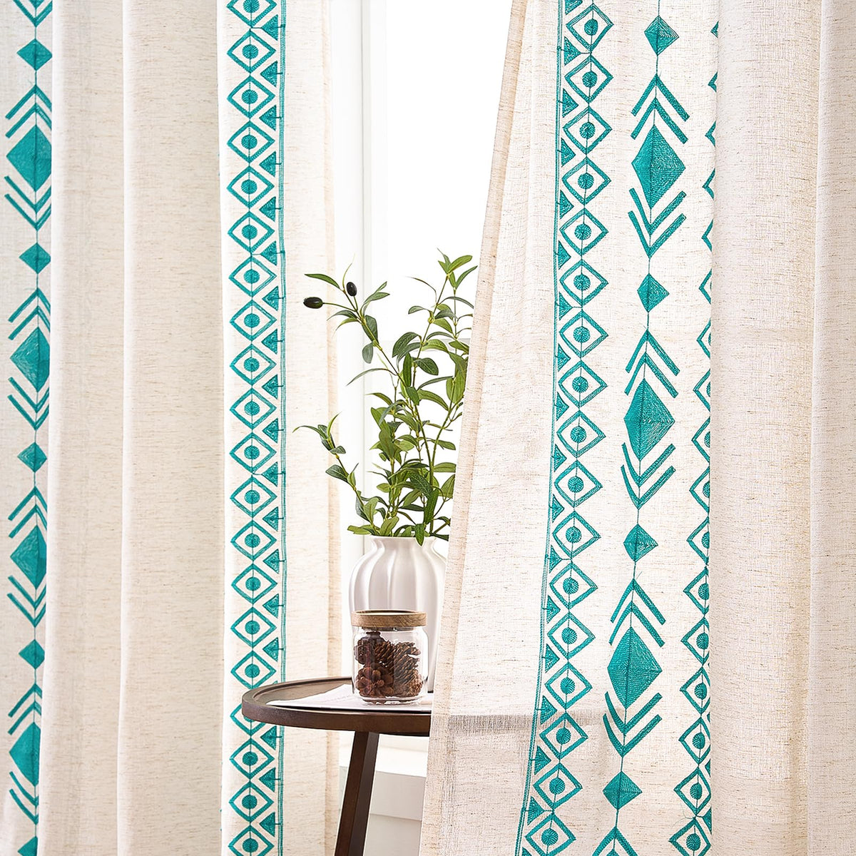 Beige Boho Linen-Texture Curtains, Set of Two