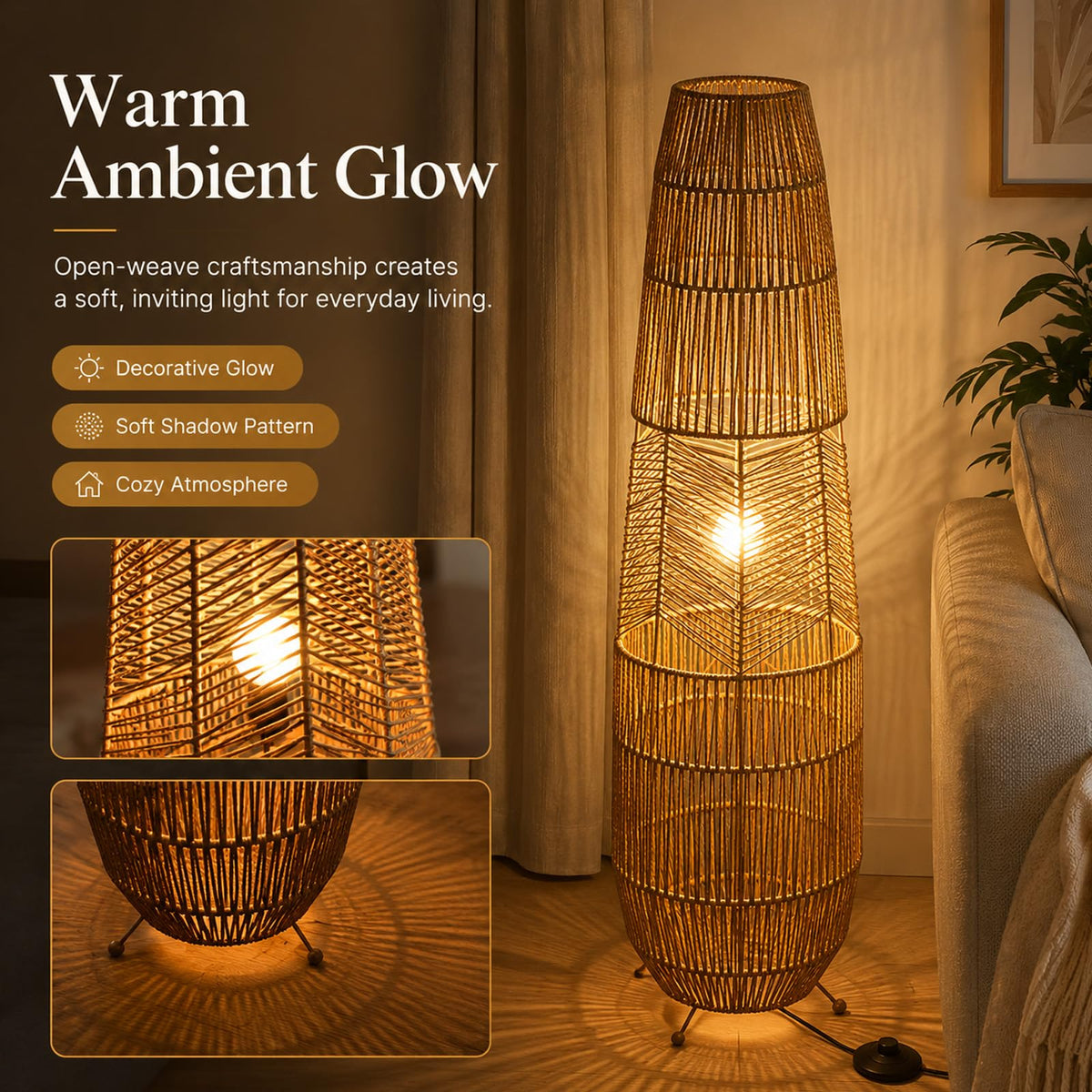 Boho Style Bamboo Woven Floor Lamp for Living Room, 36 in, Cozy Decor