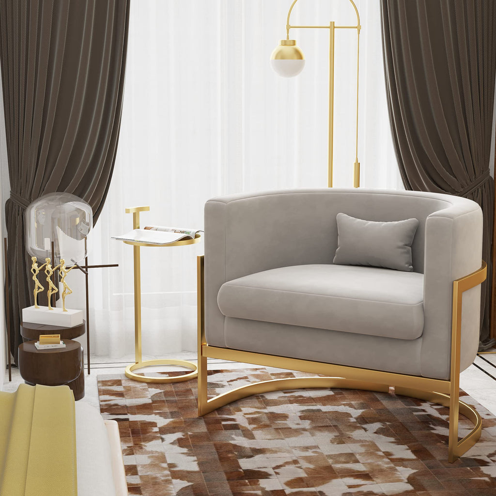 Velvet Accent Chair Ivory Modern Barrel Chair with Gold Legs