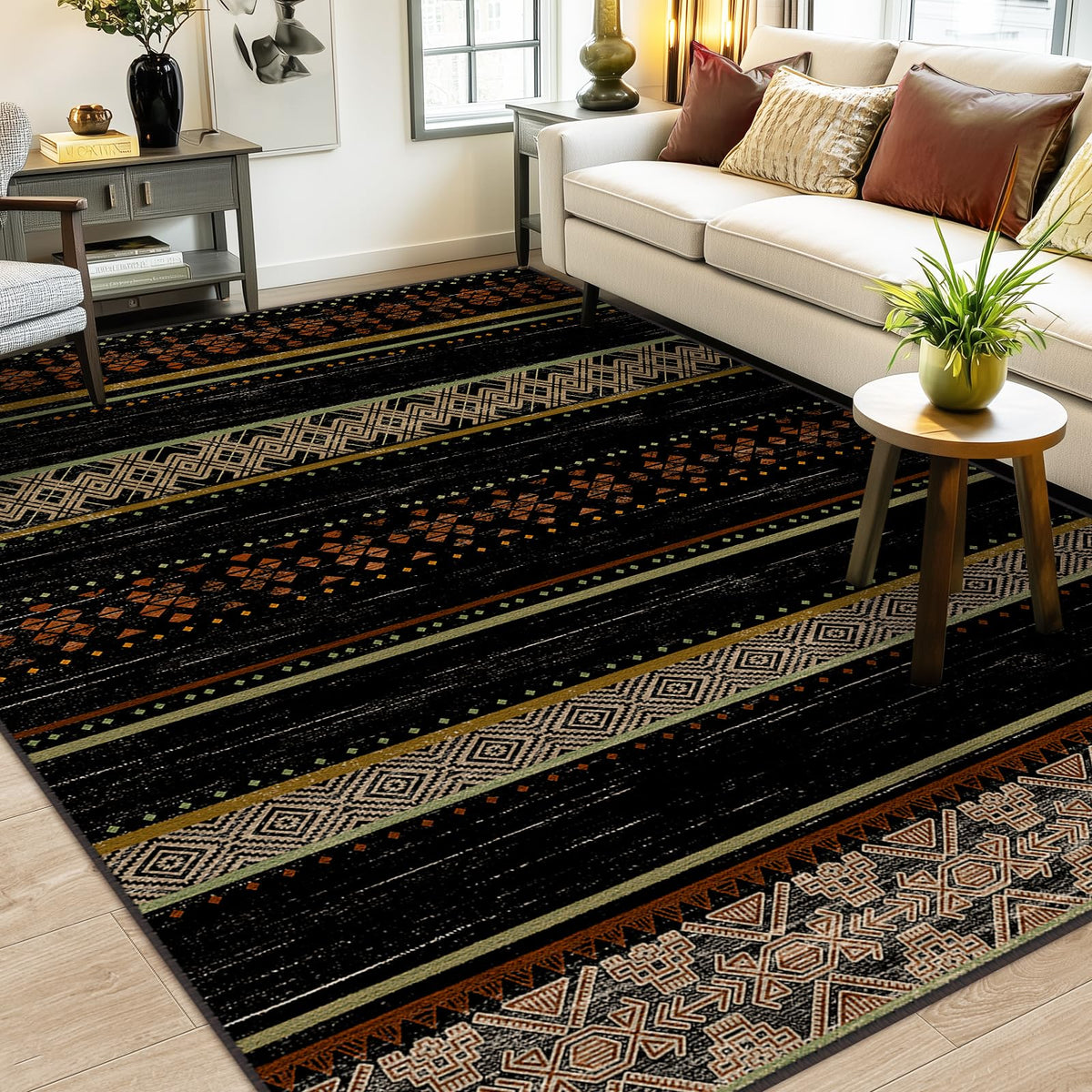 8x10 Washable Area Rugs for Living Room Boho Bedroom Rug Colorful/Black