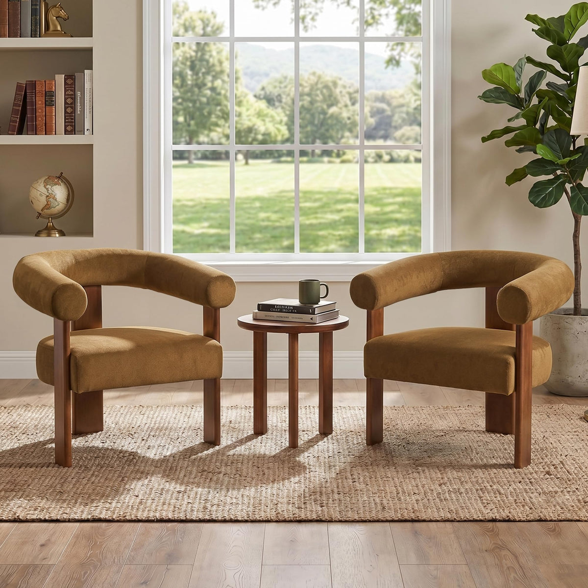 Usaint Upholstered Barrel Accent Chair with Walnut Wood Legs and Armrests