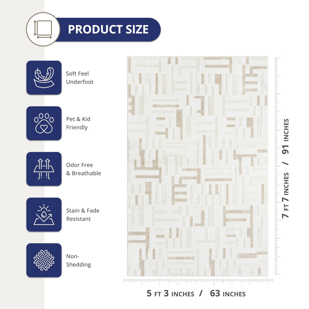 Abani Beige Area Rug - 4' x 6' - Living Room & Bedroom - Geometric Maze Design -