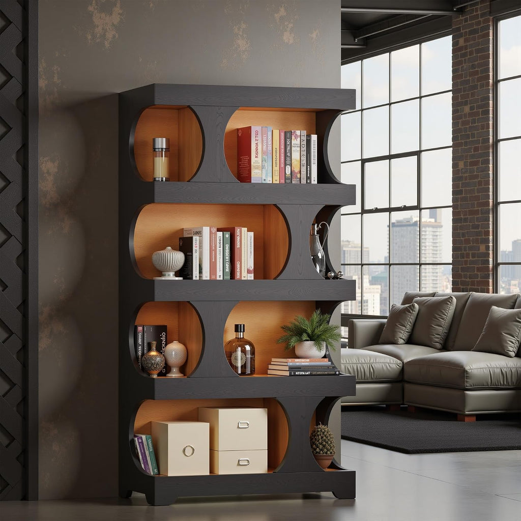 Bookcase Freestanding 71.3" Modern Book Case Display Shelf Tall Bookshelf with S-Shaped Pattern for Bedroom, Home Office, and Living Room, Black