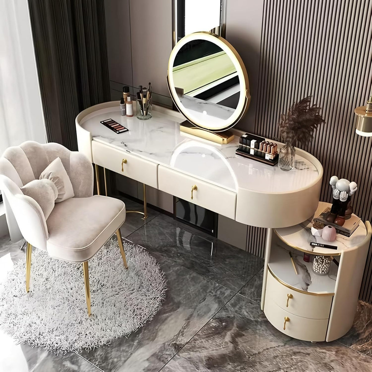 Solid Wood Vanity Desk Set with Smart Mirror & LED Light