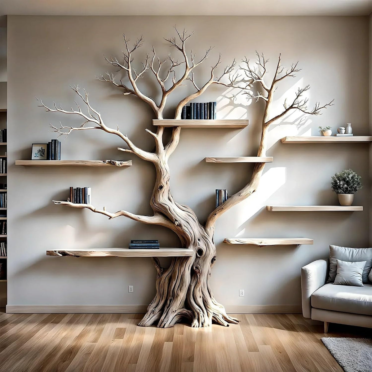 6-Foot Handcrafted Tree Bookshelf with Floating Shelves