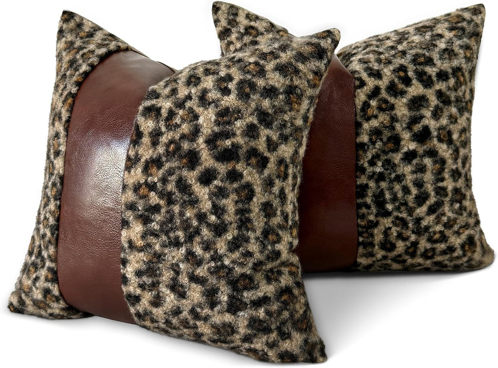 Brown Patchwork Leopard Bouclé Pillow Covers