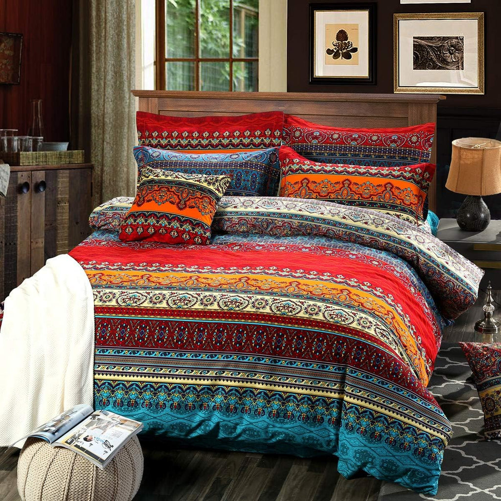 Brushed Cotton Bohemian Duvet Cover and Fitted Sheet Sets Queen Size 4 Pieces