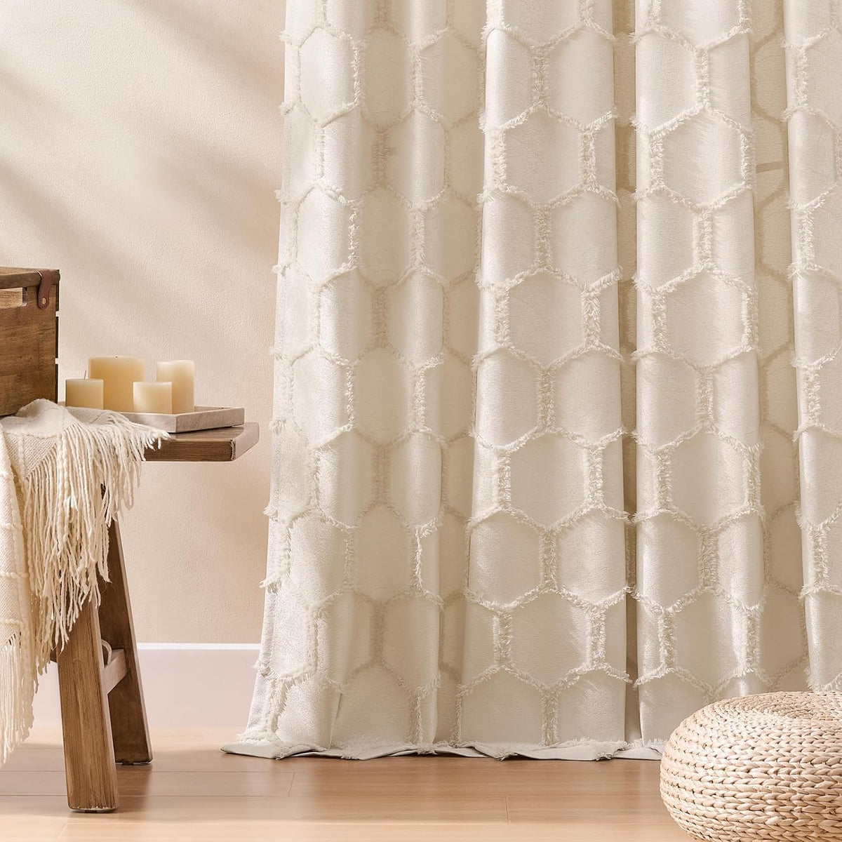 Cream Beige Geometric Jacquard Curtains, Set of Two