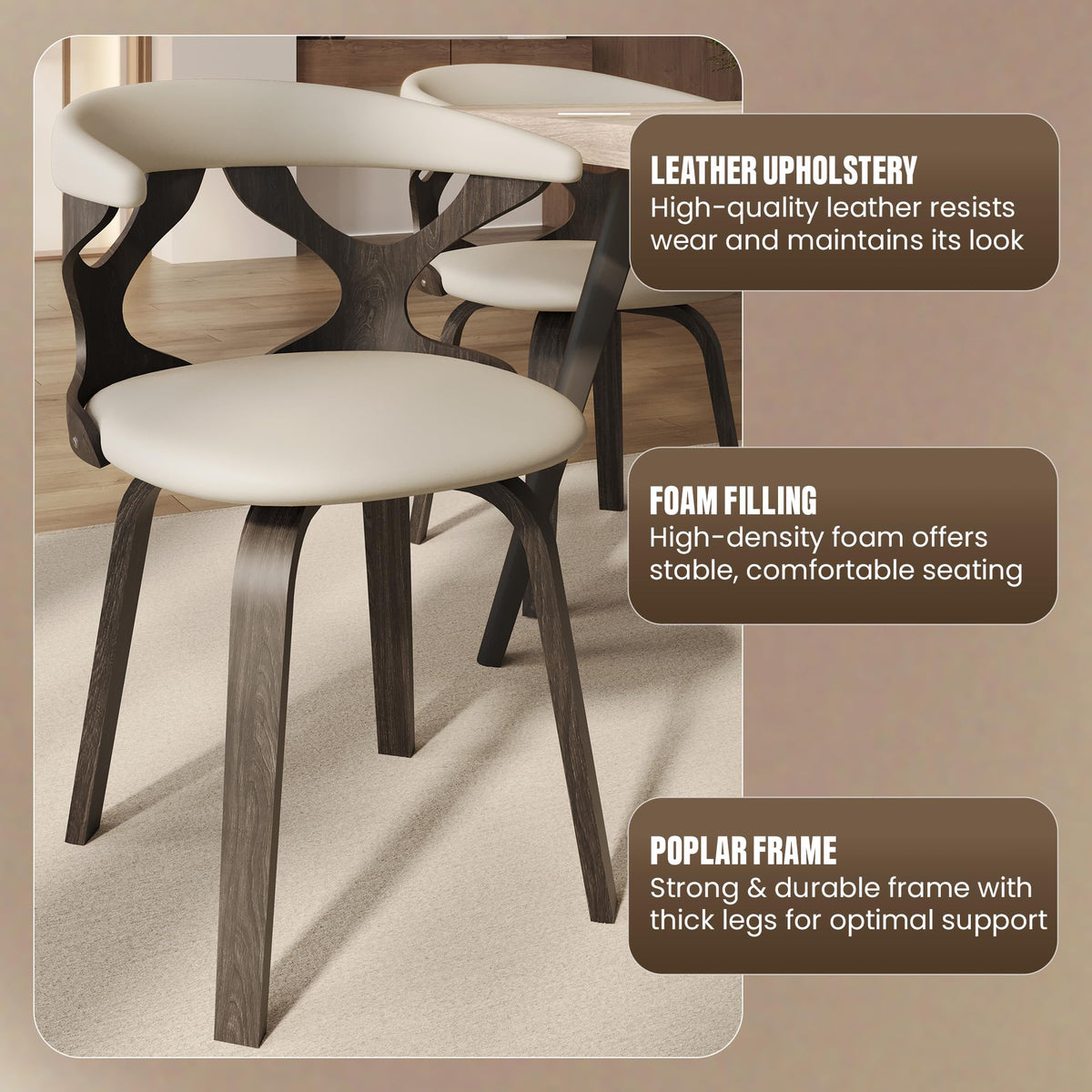 LeisureMod Klyne Leather Dining Chair with Poplar Wood Frame – Mid-Century Wooden