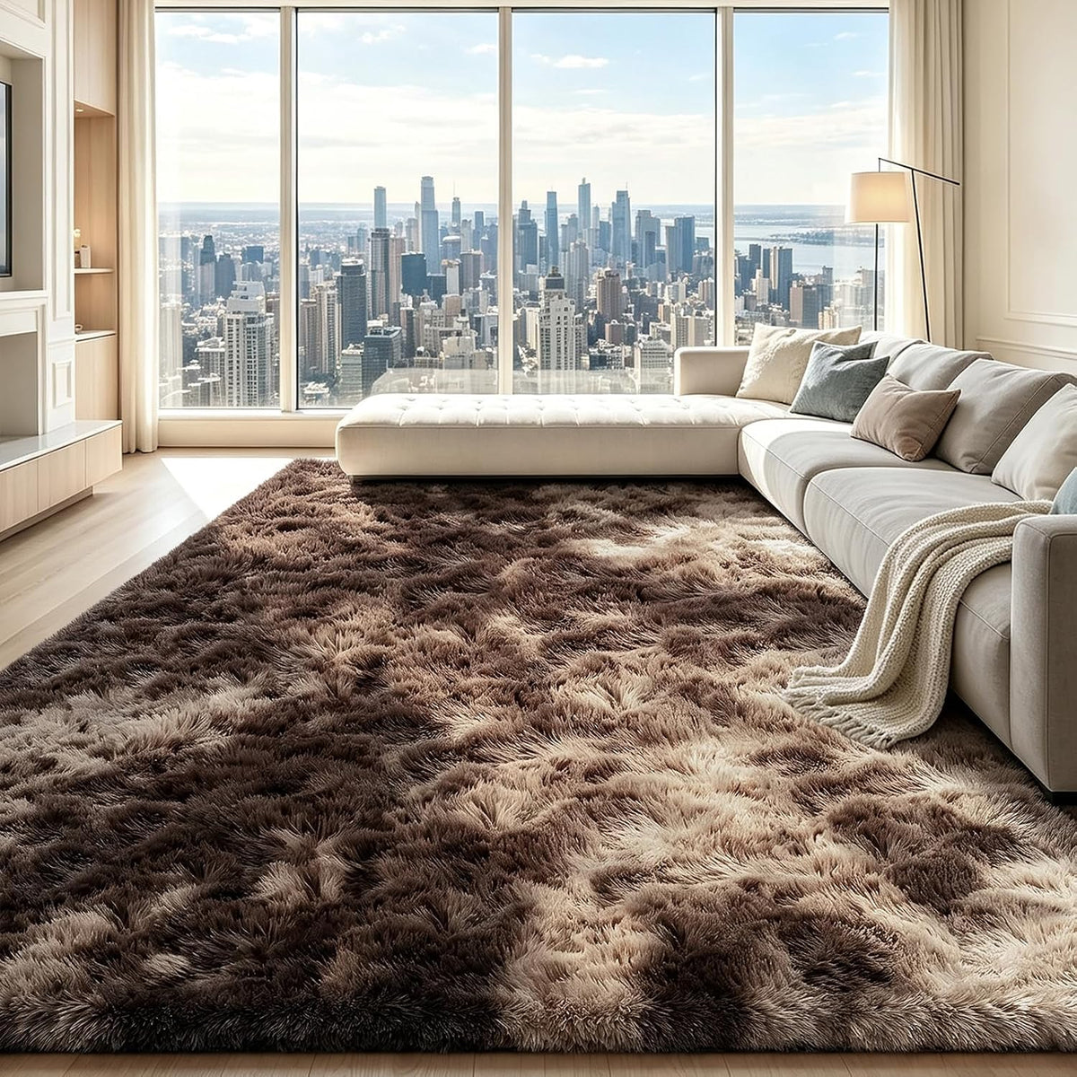 Mottled Beige 9x12 Area Rugs for Living Room, Fluffy Shag Rug Large Carpet