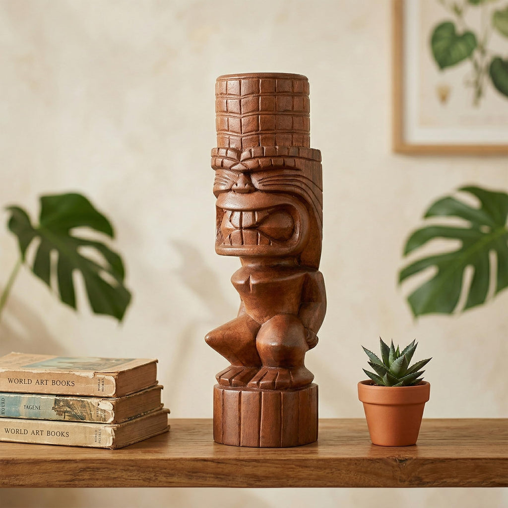 G6 Collection Handmade Wooden Primitive Tattoo Face Tribal Statue Sculpture Tiki